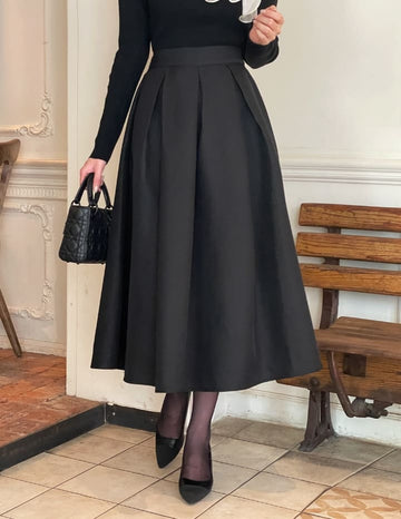 Mazren Jacquard Banding Pleat Long Skirt